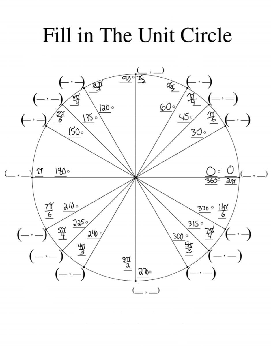 Fill in The Unit Circle
120
135 .
(50.
60%
450/
30.
_,_) ¶ 18.
360° anr
711 al0.
330 0
2250
240
315 0
300
(--)
20
