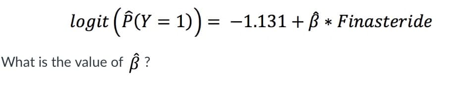 logit (P(Y = 1)) =
હૈ?
What is the value of
−1.131 + ß * Finasteride