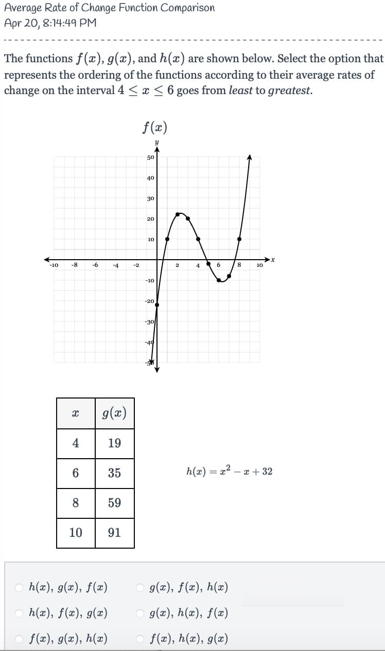 Average Rate of Change Function Comparison
Apr 20, 8:14:49 PM
The functions f(x), g(x), and h(x) are shown below. Select the option that
represents the ordering of the functions according to their average rates of
change on the interval 4 ≤ x ≤ 6 goes from least to greatest.
-10
-8
X
4
6
8
10
-6
-4
g(x)
19
35
59
91
h(x), g(x), f(x)
○h(x), f(x), g(x)
○ f(x), g(x), h(x)
-2
f(x)
y
50
40
30
20
10
-10
-20
-30
-40
4
6
8
○ g(x), f(x), h(x)
g(x), h(x), f(x)
○ f(x), h(x), g(x)
10
h(x) =x²-x +32