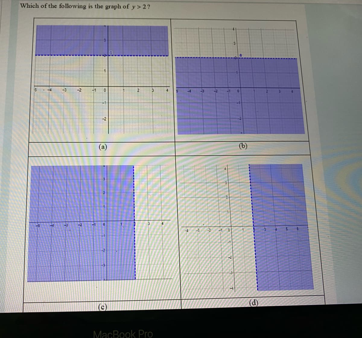 Which of the following is the graph of y> 2?
-3
-2
2
-2
-1
2.
(a)
-3
-2
(d)
MacBook Pro
