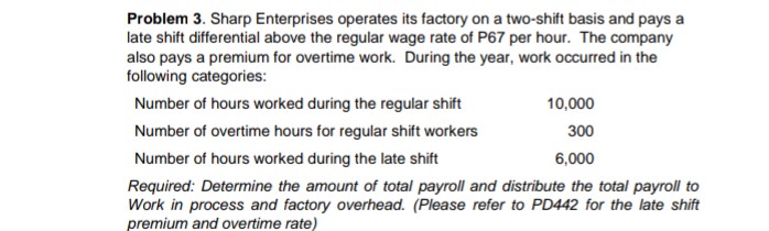 Problem 3. Sharp Enterprises operates its factory on a two-shift basis and pays a
late shift differential above the regular wage rate of P67 per hour. The company
also pays a premium for overtime work. During the year, work occurred in the
following categories:
Number of hours worked during the regular shift
10,000
Number of overtime hours for regular shift workers
300
Number of hours worked during the late shift
6,000
Required: Determine the amount of total payroll and distribute the total payroll to
Work in process and factory overhead. (Please refer to PD442 for the late shift
premium and overtime rate)
