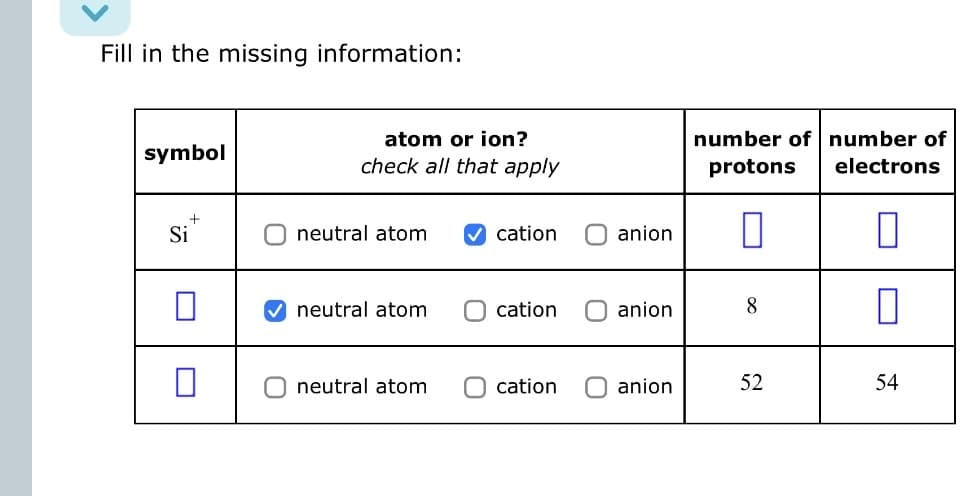 Fill in the missing information:
symbol
+
Si
atom or ion?
check all that apply
O neutral atom
neutral atom
neutral atom
✓cation O anion
Ocation
Ocation
anion
anion
number of number of
protons electrons
0
8
52
0
0
54