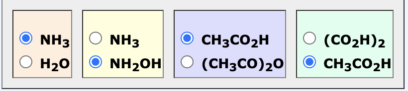 NH3
H20
NH3
CH3CO2H
(CO2H)2
NH20H
(СH3CO)20
CH3CO2H
