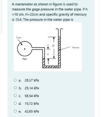 A manometer as shown in figure is used to
measure the gage pressure in the water pipe. if h
=10 cm, H=22cm and specific gravity of mercury
is 13,6. The pressure in the water pipe is
Tter
H
Vmercury
Pipe
O a. 28,37 kPa
O b. 25,14 kPa
O. 58,54 kPa
O d. 15,72 kPa
O e. 42,65 kPa
