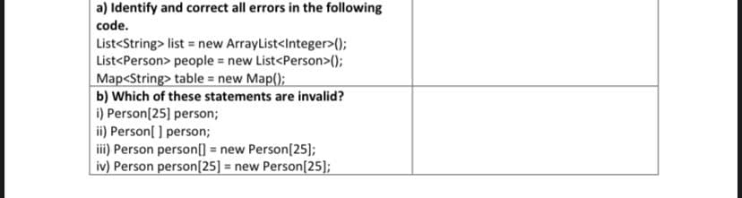 a) Identify and correct all errors in the following
code.
List<String> list = new ArrayList<Integer>();
List<Person> people = new List<Person>();
Map<String> table = new Map();
b) Which of these statements are invalid?
i) Person[25] person;
ii) Person[ ] person;
iii) Person person[] = new Person[25]);
iv) Person person[25] = new Person[25];
