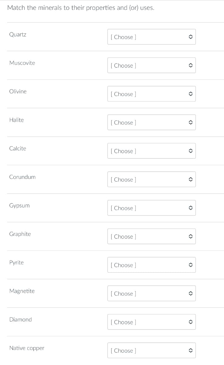 Match the minerals to their properties and (or) uses.
Quartz
Muscovite
Olivine
Halite
Calcite
Corundum
Gypsum
Graphite
Pyrite
Magnetite
Diamond
Native copper
[Choose ]
[Choose ]
[Choose ]
[Choose ]
[Choose]
[Choose ]
[Choose ]
[Choose ]
[Choose ]
[Choose ]
[Choose ]
[Choose ]
◆
◊
î
î
◊
◊
î
î
î
î
û