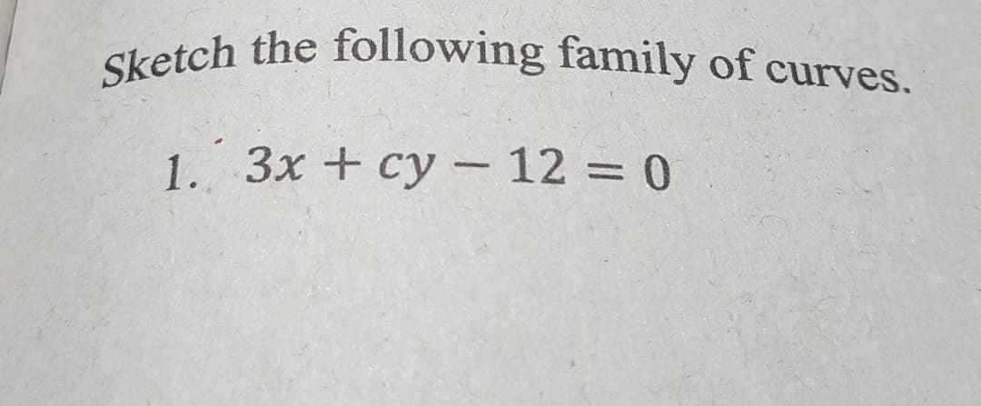 Sketch the following family of curves.
1. 3x + cy – 12 = 0
