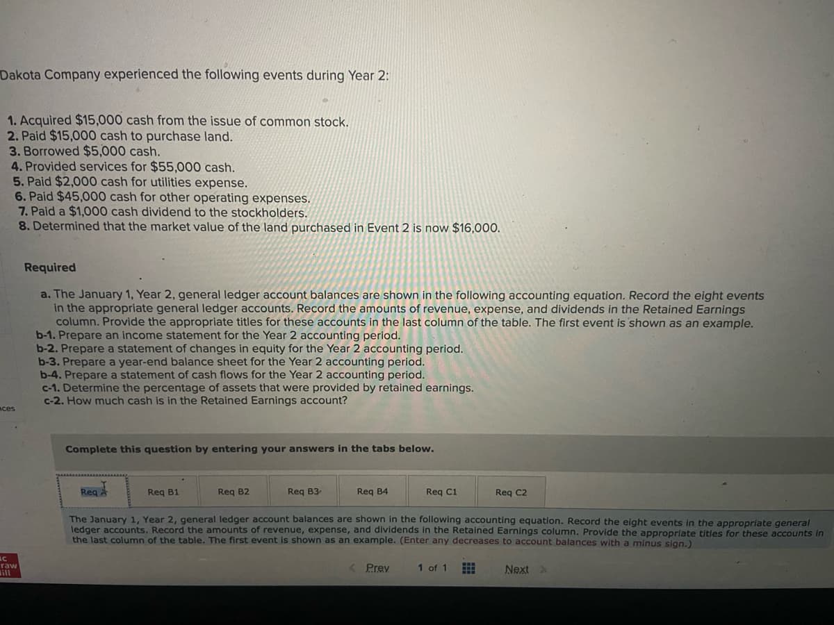 Dakota Company experienced the following events during Year 2:
1. Acquired $15,000 cash from the issue of common stock.
2. Paid $15,000 cash to purchase land.
3. Borrowed $5,000 cash.
4. Provided services for $55,000 cash.
5. Paid $2,000 cash for utilities expense.
6. Paid $45,000 cash for other operating expenses.
7. Paid a $1,000 cash dividend to the stockholders.
8. Determined that the market value of the land purchased in Event 2 is now $16,000.
Required
a. The January 1, Year 2, general ledger account balances are shown in the following accounting equation. Record the eight events
in the appropriate general ledger accounts. Record the amounts of revenue, expense, and dividends in the Retained Earnings
column. Provide the appropriate titles for these accounts in the last column of the table. The first event is shown as an example.
b-1. Prepare an income statement for the Year 2 accounting period.
b-2. Prepare a statement of changes in equity for the Year 2 accounting period.
b-3. Prepare a year-end balance sheet for the Year 2 accounting period.
b-4. Prepare a statement of cash flows for the Year 2 accounting period.
c-1. Determine the percentage of assets that were provided by retained earnings.
c-2. How much cash is in the Retained Earnings account?
aces
Complete this question by entering your answers in the tabs below.
Reg
Req B1
Reg B2
Req B3-
Req B4
Reg C1
Reg C2
The January 1, Year 2, general ledger account balances are shown in the following accounting equation. Record the eight events in the appropriate general
ledger accounts. Record the amounts of revenue, expense, and dividends in the Retained Earnings column. Provide the appropriate titles for these accounts in
the last column of the table. The first event is shown as an example. (Enter any decreases to account balances with a minus sigo.)
AC
raw
1 of 1
Prey
Next
