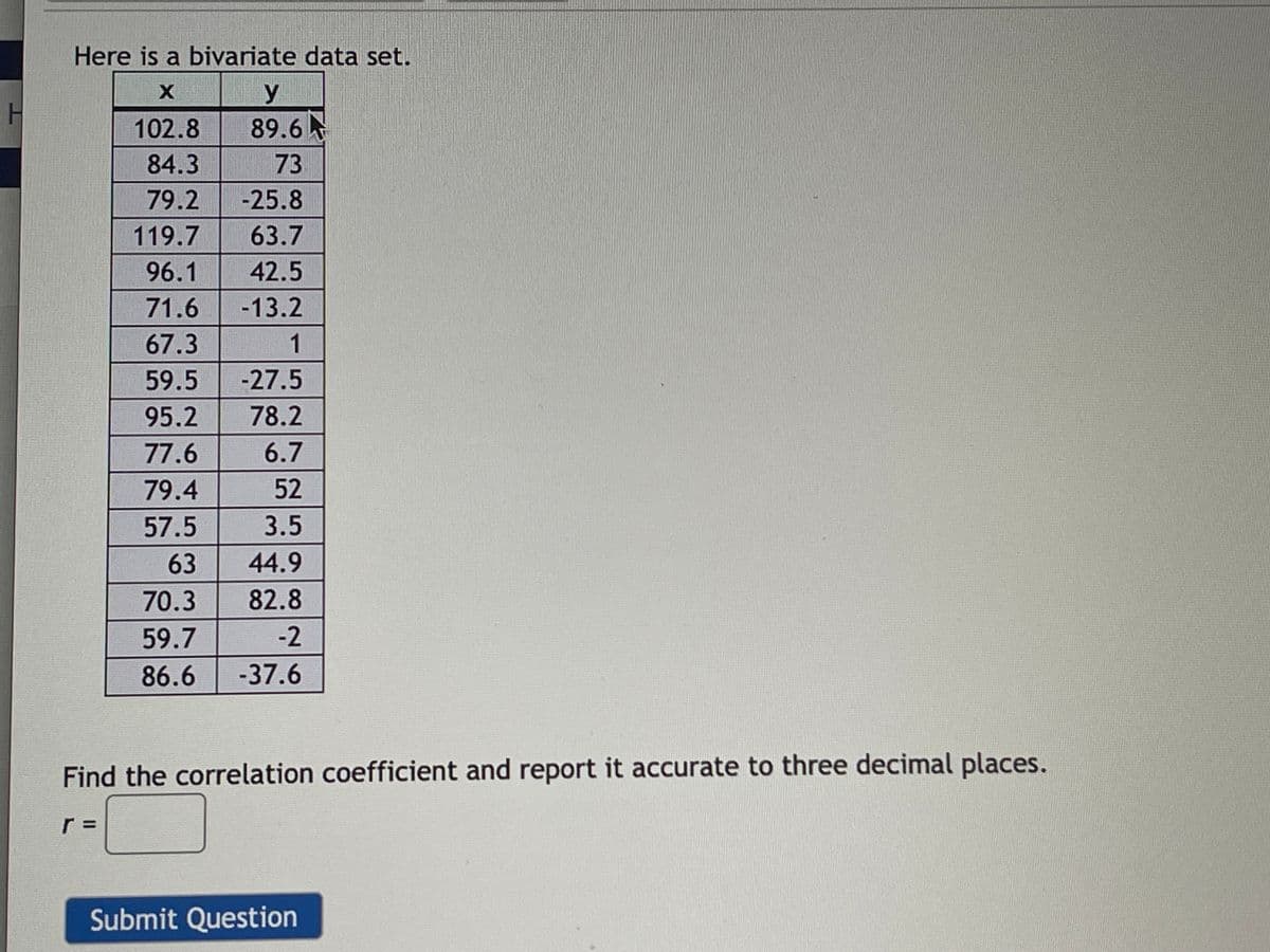 H
Here is a bivariate data set.
X
102.8
84.3
79.2 -25.8
119.7
63.7
96.1 42.5
71.6
-13.2
67.3
1
59.5
-27.5
95.2 78.2
77.6
6.7
79.4
52
57.5
3.5
63
44.9
70.3
82.8
59.7
-2
86.6
-37.6
y
89.6
73
Find the correlation coefficient and report it accurate to three decimal places.
r=
Submit Question