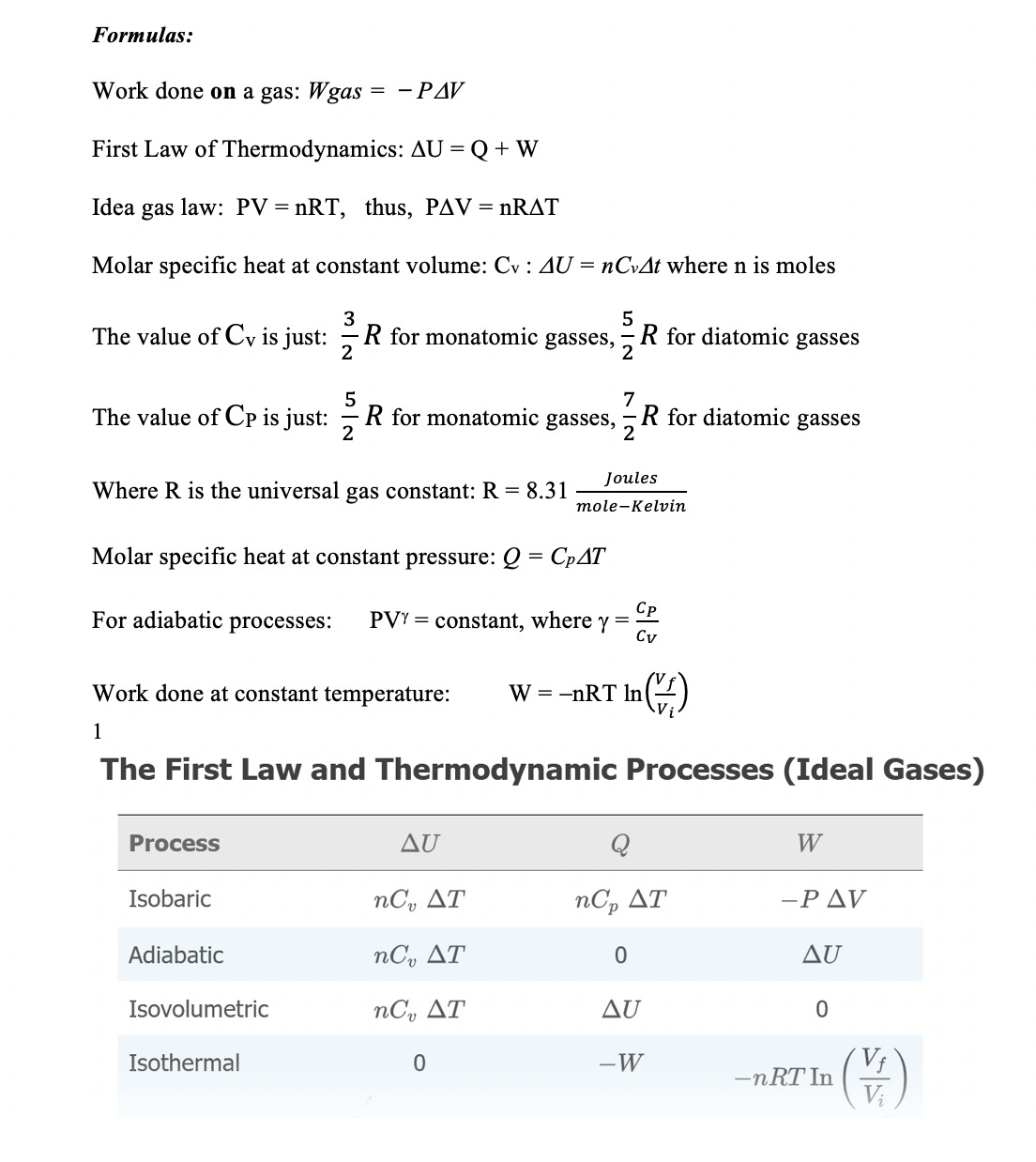 Formulas:
Work done on a gas: Wgas
= - PAV
First Law of Thermodynamics: AU = Q+ W
Idea gas law: PV = nRT, thus, PAV = NRAT
Molar specific heat at constant volume: Cv : AU = nCvAt where n is moles
3
R for monatomic gasses,
2
5
R for diatomic gasses
2
The value of Cv is just:
5
R for monatomic gasses,
2
7
for diatomic gasses
2
The value of Cp is just:
Joules
Where R is the universal gas constant: R = 8.31
mole-Kelvin
Molar specific heat at constant pressure: Q = CPAT
CP
For adiabatic processes:
PVY = constant, where
Y
Cv
Work done at constant temperature:
W = -nRT In(
1
The First Law and Thermodynamic Processes (Ideal Gases)
Process
AU
Q
W
Isobaric
nC, AT
nC, AT
-P AV
Adiabatic
nC, AT
Δυ
Isovolumetric
nC, AT
AU
Isothermal
-W
-nRT In
