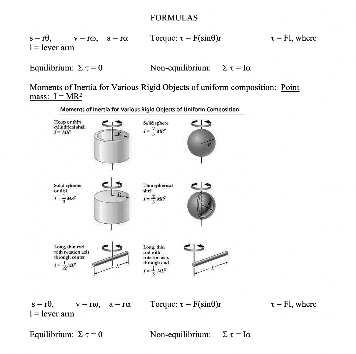 FORMULAS
s= r0,
1= lever arm
T = FI, where
v = ro,
Torque: t = F(sin0)r
a = ra
Equilibrium: Στ-0
Non-equilibrium:
Στ= Ια
Moments of Inertia for Various Rigid Objects of uniform composition: Point
mass: I= MR2
Moments of Inertia for Various Rigid Objects of Uniform Composition
Hoop or thin
cylindrical shell
1= MR
Solid sphere
R
Solid cylinder
or disk
Thin spherical
shell
-MR
2
MR
1=-
2
Long, thin rod
with rotation axis
through center
I MI?
Long, thin
rod with
rotation axis
through end
ML?
= r®,
1= lever arm
v = ro,
a = ra
Torque: t = F(sin0)r
T = Fl, where
%3D
Equilibrium: Στ-0
Non-equilibrium:
Στ-Ια
