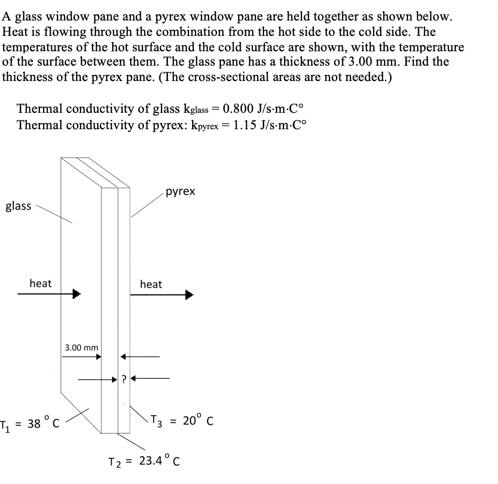 A glass window pane and a pyrex window pane are held together as shown below.
Heat is flowing through the combination from the hot side to the cold side. The
temperatures of the hot surface and the cold surface are shown, with the temperature
of the surface between them. The glass pane has a thickness of 3.00 mm. Find the
thickness of the pyrex pane. (The cross-sectional areas are not needed.)
Thermal conductivity of glass kglass = 0.800 J/s-m-C°
Thermal conductivity of pyrex: kpyrex = 1.15 J/s-m-C°
pyrex
glass
heat
heat
3.00 mm
T, = 38 °c
T3 = 20° c
%3D
T2 = 23.4°C
