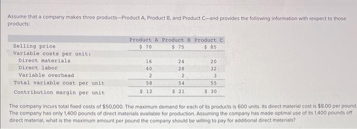 Assume that a company makes three products-Product A, Product B, and Product C-and provides the following information with respect to those
products:
Selling price
Variable costs per unit:
Direct materials.
Direct labor
Variable overhead
Total variable cost per unit
Contribution margin per unit
Product A Product B Product C
$ 70
$ 75
$ 85
16
40
2
58
$ 12
24
28
2
54
$ 21
20
32
3
55
$ 30
The company incurs total fixed costs of $50,000. The maximum demand for each of its products is 600 units. Its direct material cost is $8.00 per pound.
The company has only 1,400 pounds of direct materials available for production. Assuming the company has made optimal use of its 1,400 pounds off
direct material, what is the maximum amount per pound the company should be willing to pay for additional direct materials?