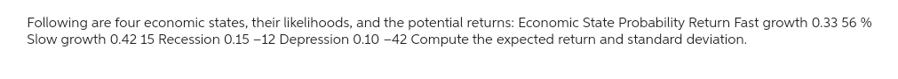 Following are four economic states, their likelihoods, and the potential returns: Economic State Probability Return Fast growth 0.33 56 %
Slow growth 0.42 15 Recession 0.15 -12 Depression 0.10 -42 Compute the expected return and standard deviation.