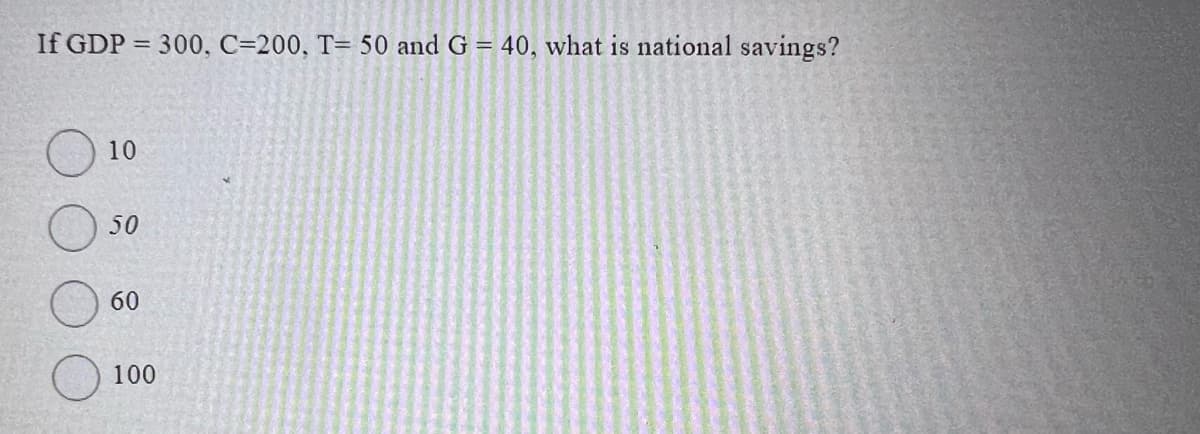 If GDP = 300, C=200, T= 50 and G = 40, what is national savings?
10
50
60
100