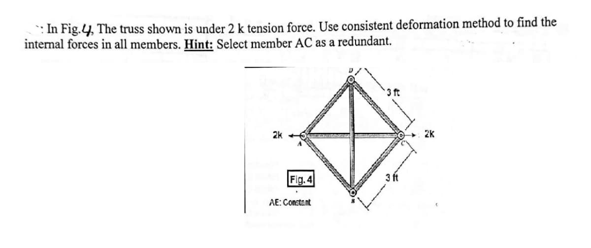 In Fig.4, The truss shown is under 2 k tension force. Use consistent deformation method to find the
internal forces in all members. Hint: Select member AC as a redundant.
2k
Fig.4
AE: Constant
3 ft
2k