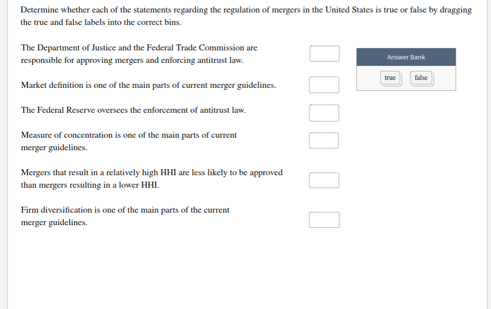 Determine whether each of the statements regarding the regulation of mergers in the United States is true or false by dragging
the true and false labels into the correct bins
The Department of Justice and the Federal Trade Commission are
Answer Bank
responsible for approving mergers and enforcing antitrust law
false
true
Market definition is one of the main parts of current merger guidelines.
The Federal Reserve oversees the enforcement of antitrust law
Measure of concentration is one of the main parts of current
merger guidelines.
Mergers that result in a relatively high HHI are less likely to be approved
than mergers resulting in a lower HHI.
Firm diversification is one of the main parts of the current
merger guidelines
