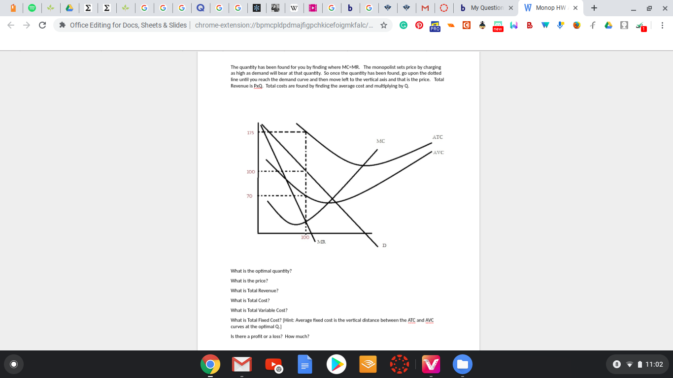 b
bMy Question X
WMonop HW X
Σ
Σ
G
+
f
G
Office Editing for Docs, Sheets & Slides
chrome-extension://bpmcpldpdmajfigpchkicefoigmkfalc/...
The quantity has been found for you by finding where MC-MR. The monopolist sets price by charging
as high as demand will bear at that quantity. So once the quantity has been found, go upon the dotted
is the price. Total
Revenue is PxQ, Total costs are found by finding the average cost and multiplving by O.
ATC
AVC
100
100
MR
What is the optimal quantity?
What is the price?
What is Total Revenue?
What is Total Cost?
What is Total Variable Cost?
What is Total Fixed Cost? [Hint: Average fixed cost is the vertical distance between the ATC and AVC
curves at the optimal Q.]
Is there a profit or a loss? How much?
8
11:02
