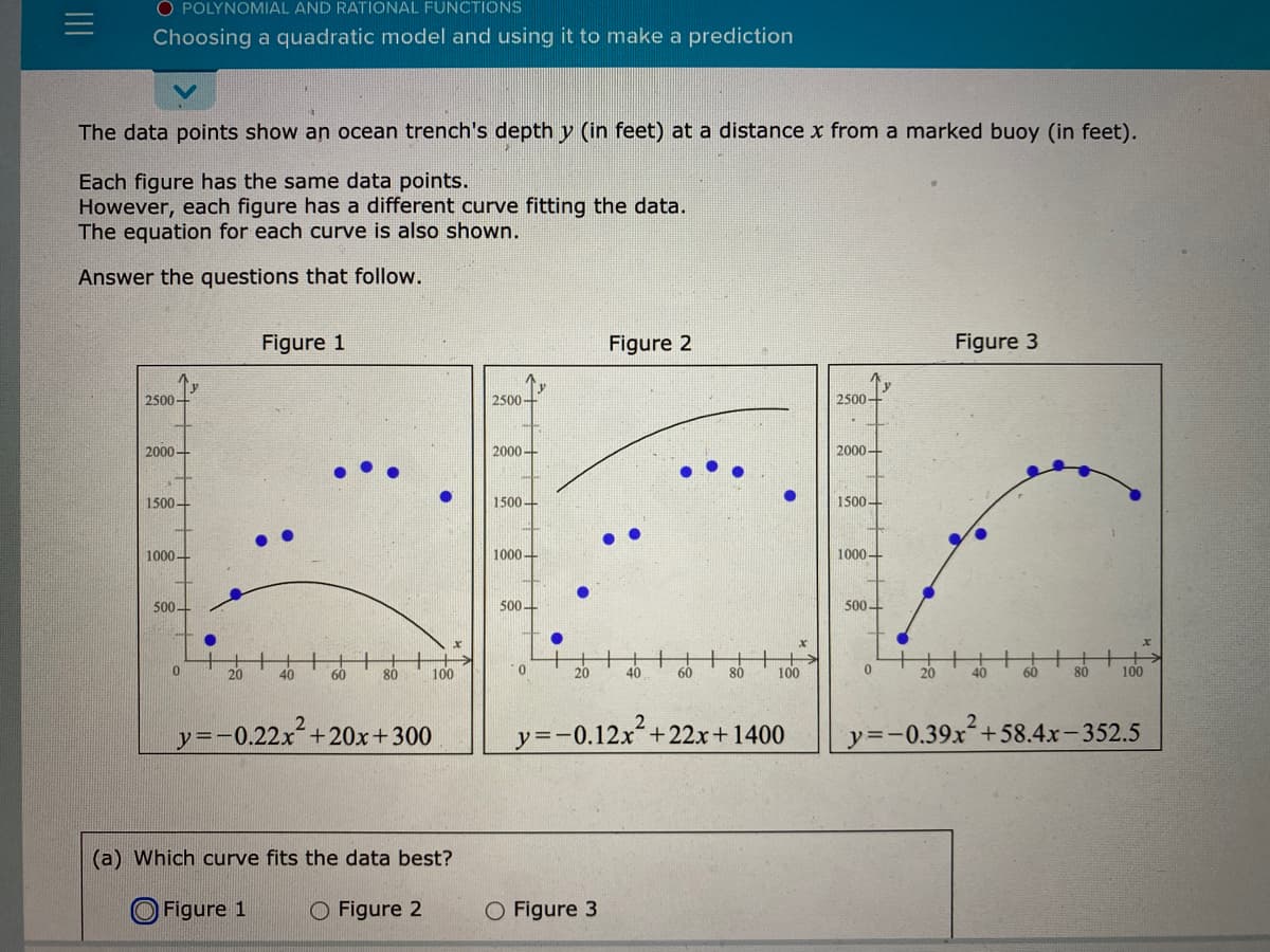 O POLYNOMIAL AND RATIONAL FUNCTIONS
Choosing a quadratic model and using it to make a prediction
The data points show an ocean trench's depth y (in feet) at a distance x from a marked buoy (in feet).
Each figure has the same data points.
However, each figure has a different curve fitting the data.
The equation for each curve is also shown.
Answer the questions that follow.
Figure 1
Figure 2
Figure 3
2500+
2500-
2500+
2000+
2000 -
2000-
1500-
1500-
1500-
1000-
1000+
1000-
500-
500
500
20
40
60
80
100
0.
20
40
60
80
100
20
40
60
80
100
2
y=-0.22x²+
y=-0.12x+22x+1400
y=-0.39x+58.4x-352.5
+20x+300
(a) Which curve fits the data best?
Figure 1
O Figure 2
O Figure 3
II
