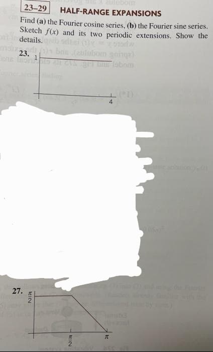 23-29 HALF-RANGE EXPANSIONS
Find (a) the Fourier cosine series, (b) the Fourier sine series.
Sketch f(x) and its two periodic extensions. Show the
details.
23 dj bna (aulubom
23.
27.
KIN
KIN
T
labom
4