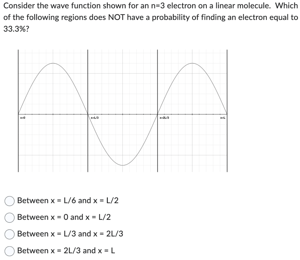 Consider the wave function shown for an n=3 electron on a linear molecule. Which
of the following regions does NOT have a probability of finding an electron equal to
33.3%?
x=0
H
x=2L/3
x=L
x=L/3
Between x = L/6 and x = L/2
Between x = 0 and x = L/2
Between x =
L/3 and x = 2L/3
Between x = 2L/3 and x = L