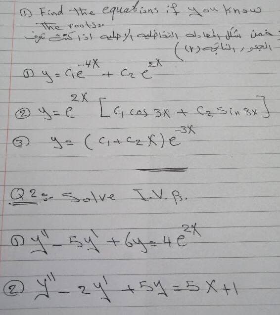 O Find the equatisns if you know
The rootS2.
(>,ノ
ー4X
の4=Ge
+ e
%3D
2X
LC cos 3X - らin3x
-3X
g=((+CzX)e
Q2.50lve IV.f.
の4ーの片+44€
ゴーで454-8メート
54=5X+1
