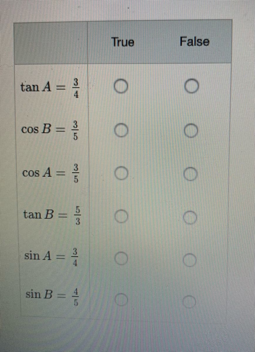 True
False
tan A =
3
cos B = 2
13
cos A =
tan B =
15
sin A = =
3.
sin B
