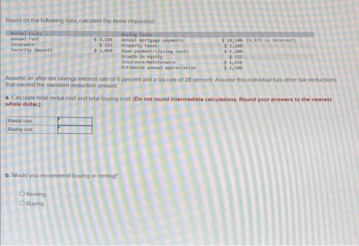 Based on the following data, calculate the items requested:
Rental Costs.
Annual rent
Insurance
Security deposit
$ 8,180
$ 225
$ 1,050
Rental cost
Buying cost
Buying Costs
Annual mortgage payments
Property taxes
Down payment/closing costs
Growth in equity
Insurance/maintenance
Estimated annual appreciation
Assume an after-tax savings interest rate of 6 percent and a tax rate of 28 percent. Assume this individual has other tax deductions
that exceed the standard deduction amount.
$ 10,500 (9,975 is interest)
$2,100
$ 5,200
$ 525
$ 1,850
$ 2,500
a. Calculate total rental cost and total buying cost. (Do not round intermediate calculations. Round your answers to the nearest
whole dollar.)
b. Would you recommend buying or renting?
O Renting
O Buying