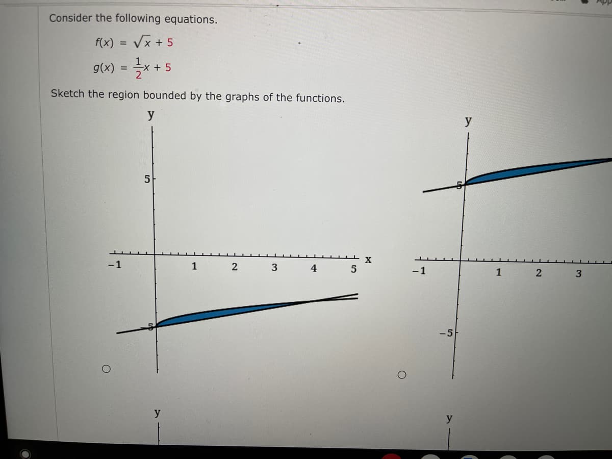 Consider the following equations.
f(x)
Vx + 5
**5
g(x)
2'
Sketch the region bounded by the graphs of the functions.
y
y
5
-1
1
2
4
-1
1
2
3
-5
y
y
3.
