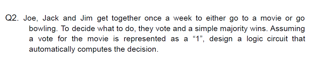 Q2. Joe, Jack and Jim get together once a week to either go to a movie or go
bowling. To decide what to do, they vote and a simple majority wins. Assuming
a vote for the movie is represented as a "1", design a logic circuit that
automatically computes the decision.
