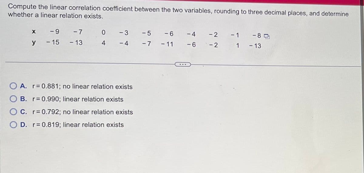 Compute the linear correlation coefficient between the two variables, rounding to three decimal places, and determine
whether a linear relation exists.
X
y
- 9
- 15
-7
- 13
0
4
-3 -5 -6
-4
-7 - 11
O A.
r=0.881; no linear relation exists
B. r=0.990; linear relation exists
OC. r=0.792; no linear relation exists
D. r=0.819; linear relation exists
...
-4
- 6
-2
-2
- 1
1
-8
- 13