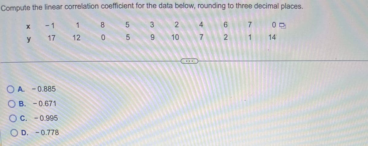 Compute the linear correlation coefficient for the data below, rounding to three decimal places.
3
X
y
- 1
17
OA. -0.885
OB. -0.671
O C. - 0.995
OD. -0.778
1
12
80
55
9
2
10
47
6
2
7
1
00
14
******