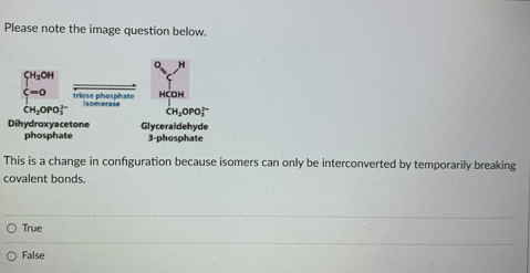 Please note the image question below.
CH₂OH
ç-o
CH₂OPO
Dihydroxyacetone
phosphate
triose phosphate
isomerase
O True
O False
H
HCOH
CH₂OPO
Glyceraldehyde
3-phosphate
This is a change in configuration because isomers can only be interconverted by temporarily breaking
covalent bonds.