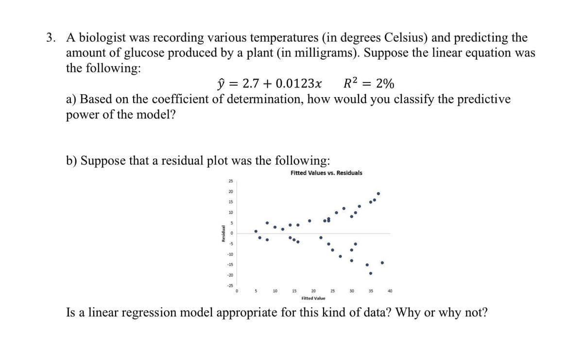 3. A biologist was recording various temperatures (in degrees Celsius) and predicting the
amount of glucose produced by a plant (in milligrams). Suppose the linear equation was
the following:
ŷ = 2.7 +0.0123x R²
a) Based on the coefficient of determination, how would you classify the predictive
power of the model?
b) Suppose that a residual plot was the following:
25
20
15
10
J
5
0
-5
-10
-15
Residual
-20
-25
0
5
10
Fitted Values vs. Residuals
15
20
Fitted Value
25
= 2%
30
35
40
Is a linear regression model appropriate for this kind of data? Why or why not?