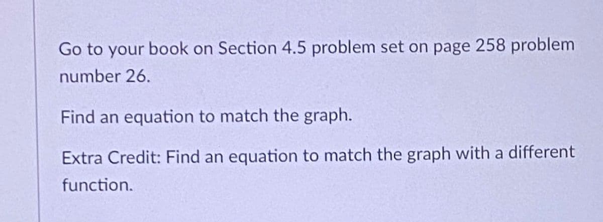 Go to your book on Section 4.5 problem set on page 258 problem
number 26.
Find an equation to match the graph.
Extra Credit: Find an equation to match the graph with a different
function.
