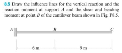 8.5 Draw the influence lines for the vertical reaction and the
reaction moment at support A and the shear and bending
moment at point B of the cantilever beam shown in Fig. P8.5.
A
-6 m
B
-9 m