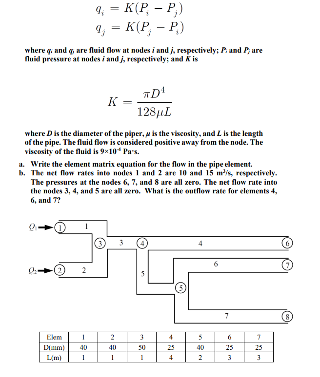 q; = K(P; − P;)
-
qj
q; = K(P; - P;)
where qi and q; are fluid flow at nodes i and j, respectively; P; and P; are
fluid pressure at nodes i and j, respectively; and K is
K
=
πD4
128μL
where D is the diameter of the piper, μ is the viscosity, and L is the length
of the pipe. The fluid flow is considered positive away from the node. The
viscosity of the fluid is 9×10+ Pa's.
a. Write the element matrix equation for the flow in the pipe element.
b. The net flow rates into nodes 1 and 2 are 10 and 15 m³/s, respectively.
The pressures at the nodes 6, 7, and 8 are all zero. The net flow rate into
the nodes 3, 4, and 5 are all zero. What is the outflow rate for elements 4,
6, and 7?
Q1
2
1
3
(4)
4
10
5
6
7
Elem
1
2
3
4
5
6
7
D(mm) 40
40
50
25
40
25
25
L(m)
1
1
4
2
3
3
8