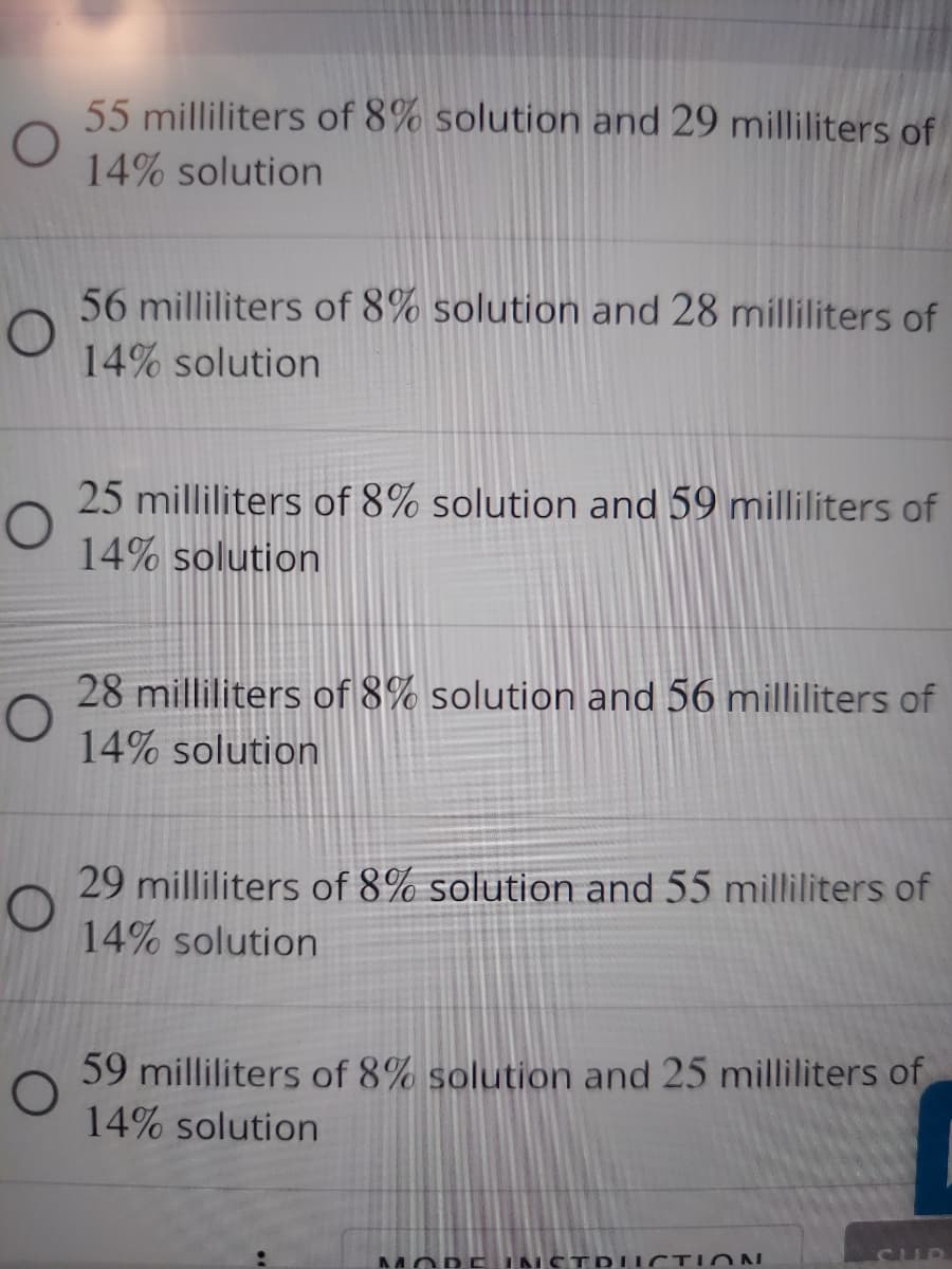 55 milliliters of 8% solution and 29 milliliters of
14% solution
56 milliliters of 8% solution and 28 milliliters of
14% solution
25 milliliters of 8% solution and 59 milliliters of
14% solution
28 milliliters of 8% solution and 56 milliliters of
14% solution
29 milliliters of 8% solution and 55 milliliters of
14% solution
59 milliliters of 8% solution and 25 milliliters of
14% solution
TDIICTION
SUR
