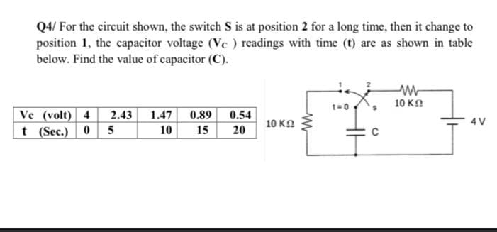 Q4/ For the cireuit shown, the switch S is at position 2 for a long time, then it change to
position 1, the capacitor voltage (Vc ) readings with time (t) are as shown in table
below. Find the value of capacitor (C).
10 ΚΩ
Ve (volt) 4 2.43
1.47
0.89
0.54
10 KΩ
4 V
t (Sec.)
0 5
15
10
20
