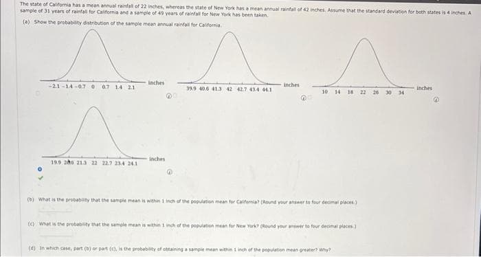 The state of California has a mean annual rainfall of 22 inches, whereas the state of New York has a mean annual rainfall of 42 inches. Assume that the standard deviation for both states is 4 inches. A
sample of 31 years of rainfall for California and a sample of 49 years of rainfall for New York has been taken.
(a) Show the probability distribution of the sample mean annual rainfall for California.
-2.1-14-0.7 0 0.7 1.4 2.1
199 200 21.3 22 22.7 234 24.1
inches
inches
^^
inches
39.9 40.6 41.3 42 42.7 434 44.1
@0
10 14 18 22 26
(b) What is the probability that the sample mean is within 1 inch of the population mean for California? (Round your answer to four decimal places.)
(c) What is the probability that the sample mean is within 1 inch of the population mean for New York? (Round your answer to four decimal places)
(a) In which case, part (b) or part (c), is the probability of obtaining a sample mean within 1 inch of the population mean greater? Why?
30 34
inches