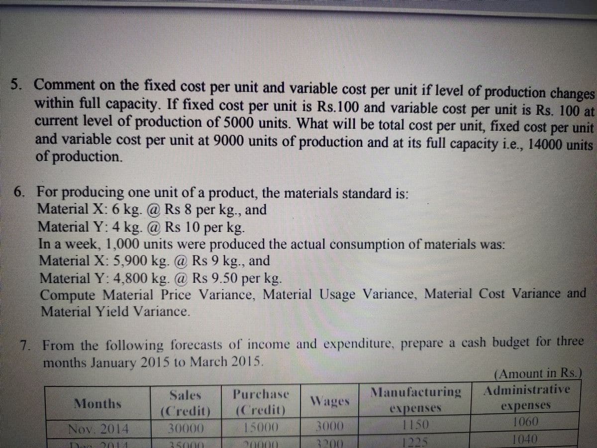 5. Comment on the fixed cost per unit and variable cost per unit if level of production changes
within full capacity. If fixed cost per unit is Rs.100 and variable cost per unit is Rs. 100 at
current level of production of 5000 units. What will be total cost per unit, fixed cost per unit
and variable cost per unit at 9000 units of production and at its full capacity ie., 14000 units
of production.
6. For producing one unit of a product, the materials standard is:
Material X: 6 kg. @ Rs 8 per kg., and
Material Y: 4 kg. @ Rs 10 per kg.
In a week, 1,000 units were produced the actual consumption of materials was:
Material X: 5,900 kg. @ Rs 9 kg., and
Material Y: 4,800 kg. @ Rs 9.50 per kg.
Compute Material Price Variance, Material Usage Variance, Material Cost Variance and
Material Yield Variance.
7. From the following forecasts of income and expenditure, prepare a cash budget for three
months January 2015 to March 2015
(Amount in Rs
Administrative
Manufacturing
Sales
(Credit)
30000
Purchase
(Credit)
Months
Wages
expenses
1150
1225
expenses
1060
1040.
Nov. 2014
15000
3000
2014
35000
00
