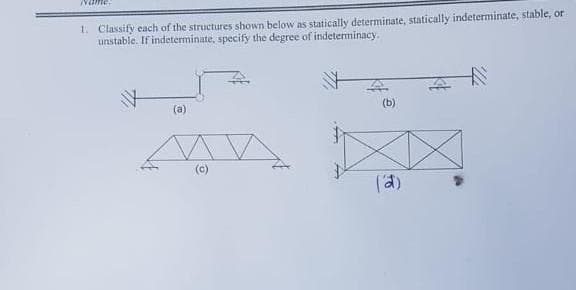 Name
1. Classify each of the structures shown below as statically determinate, statically indeterminate, stable, or
unstable. If indeterminate, specify the degree of indeterminacy.
(a)
(c)
(b)
(2)
A