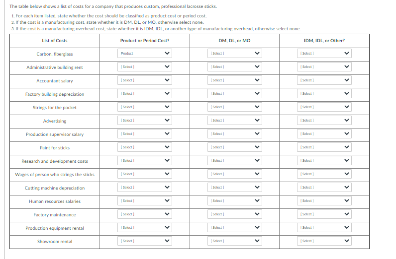 The table below shows a list of costs for a company that produces custom, professional lacrosse sticks.
1. For each item listed, state whether the cost should be classified as product cost or period cost.
2. If the cost is a manufacturing cost, state whether it is DM, DL, or MO. otherwise select none.
3. If the cost is a manufacturing overhead cost, state whether it is IDM, IDL, or another type of manufacturing overhead, otherwise select none.
List of Costs
Product or Period Cost?
DM, DL. or MO
IDM, IDL, or Other?
Carbon, fiberglass
[Sclect)
( Sekct
Product
Administrative building rent
( Sckct
[Sclect ]
(Scect |
Accountant salary
(Select
[ Select)
( Sckct
Factory building depreciation
(Select)
[ Sclect]
( Scect)
Strings for the pocket
(Sekct
[ Sclect)
( Scect)
Advertising
(Select
[Sclect)
( Scect)
Production supervisor salary
(Seect)
[ Sclect)
(Select
Paint for sticks
(Seect
[ Sclect]
( Sckct
Research and development costs
(Sclect)
[Select)
( Select)
Wages of person who strings the sticks
(Sckct |
[ Sclect)
( Select |
Cutting machine depreciation
(Select
[Sclect)
( Sekct
Human resources salaries
( Sckct
[ Select)
(Scect |
Factory maintenance
( Scect |
[Sclect]
(Sclect)
Production equipment rental
( Sekct |
[Sclect ]
( Sckct
Showroom rental
( Sclect|
[Sclect)
( Scect)
> >
> > > >
>>
