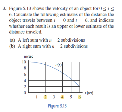 3. Figure 5.13 shows the velocity of an object for 0 < t <
6. Calculate the following estimates of the distance the
object travels between t = 0 and t = 6, and indicate
whether each result is an upper or lower estimate of the
distance traveled.
(a) A left sum with n = 2 subdivisions
(b) A right sum with n = 2 subdivisions
m/sec
10
8
6
4
2
0
v(t)
1 2 3 4 5
Figure 5.13
6
t (sec)