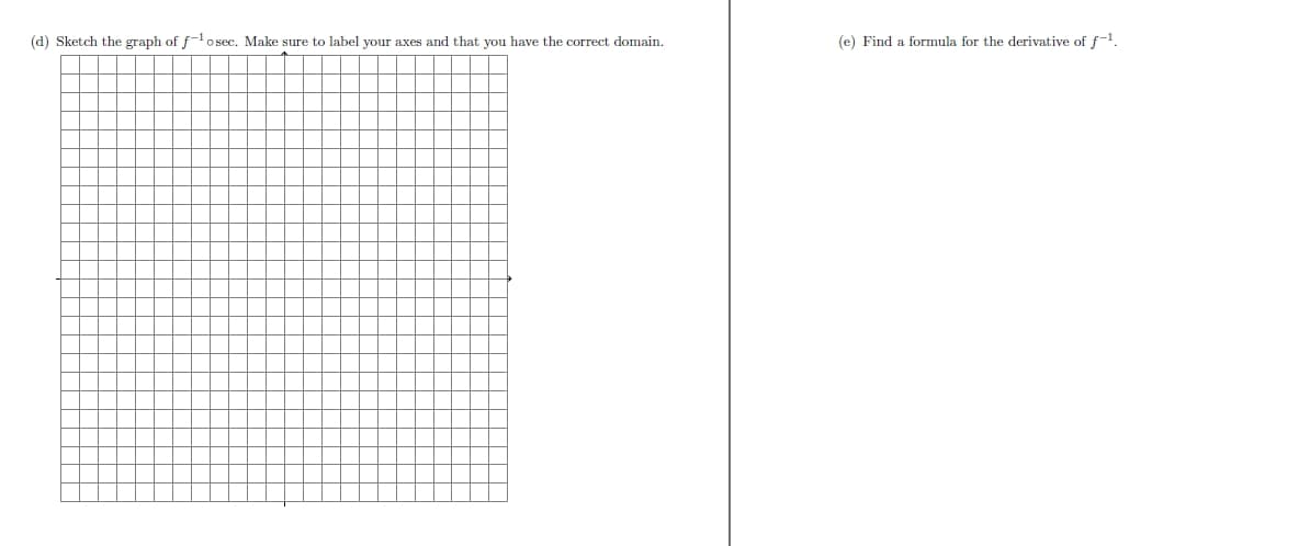 (d) Sketch the graph of f¹osec. Make sure to label your axes and that you have the correct domain.
(e) Find a formula for the derivative of f-¹.