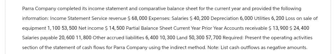 Parra Company completed its income statement and comparative balance sheet for the current year and provided the following
information: Income Statement Service revenue $ 68,000 Expenses: Salaries $ 40, 200 Depreciation 6,000 Utilities 6,200 Loss on sale of
equipment 1,100 53, 500 Net income $ 14, 500 Partial Balance Sheet Current Year Prior Year Accounts receivable $ 13,900 $ 24,400
Salaries payable 20, 600 11,800 Other accrued liabilities 6,400 10,300 Land 50, 300 57,700 Required: Present the operating activities
section of the statement of cash flows for Parra Company using the indirect method. Note: List cash outflows as negative amounts.