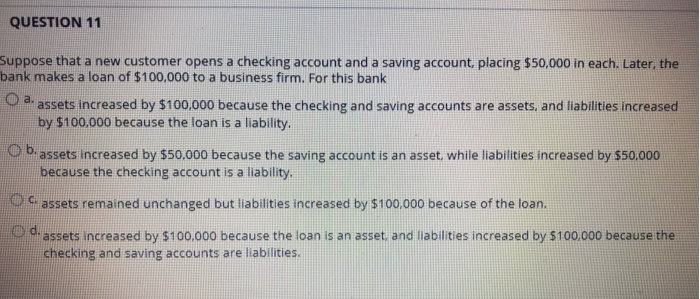 QUESTION 11
Suppose that a new customer opens a checking account and a saving account, placing $50,000 in each. Later, the
bank makes a loan of $100,000 to a business firm. For this bank
a.
assets increased by $100,000 because the checking and saving accounts are assets, and liabilities increased
by $100,000 because the loan is a liability.
b.
assets increased by $50,000 because the saving account is an asset, while liabilities increased by $50,000
because the checking account is a liability.
Cassets remained unchanged but liabilities increased by $100,000 because of the loan.
Od-assets increased by $100,000 because the loan is an asset, and liabilities increased by $100,000 because the
checking and saving accounts are liabilities.