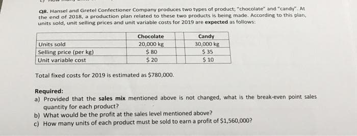 Q8. Hansel and Gretel Confectioner Company produces two types of product; "chocolate" and "candy". At
the end of 2018, a production plan related to these two products is being made. According to this plan,
units sold, unit selling prices and unit variable costs for 2019 are expected as follows:
Chocolate
20,000 kg
$ 80
$ 20
Total fixed costs for 2019 is estimated as $780,000.
Units sold
Selling price (per kg)
Unit variable cost
Candy
30,000 kg
$35
$ 10
Required:
a) Provided that the sales mix mentioned above is not changed, what is the break-even point sales
quantity for each product?
b) What would be the profit at the sales level mentioned above?
c) How many units of each product must be sold to earn a profit of $1,560,000?