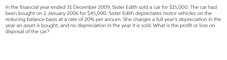 In the financial year ended 31 December 2009, Sister Edith sold a car for $15,000. The car had
been bought on 2 January 2006 for $45,000. Sister Edith depreciates motor vehicles on the
reducing balance basis at a rate of 20% per annum. She charges a full year's depreciation in the
year an asset is bought, and no depreciation in the year it is sold. What is the profit or loss on
disposal of the car?