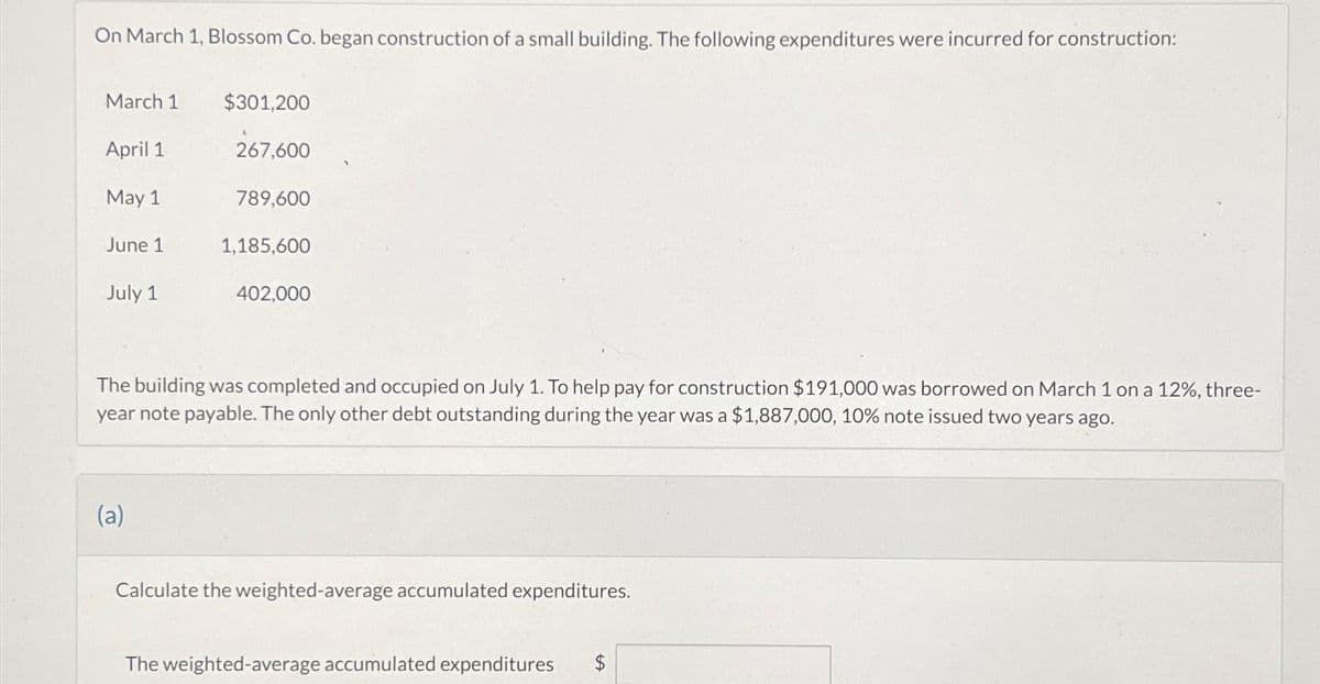 On March 1, Blossom Co. began construction of a small building. The following expenditures were incurred for construction:
March 1
April 1
May 1
June 1
July 1
$301,200
267,600
789,600
(a)
1,185,600
402,000
The building was completed and occupied on July 1. To help pay for construction $191,000 was borrowed on March 1 on a 12%, three-
year note payable. The only other debt outstanding during the year was a $1,887,000, 10% note issued two years ago.
Calculate the weighted-average accumulated expenditures.
The weighted-average accumulated expenditures
LA